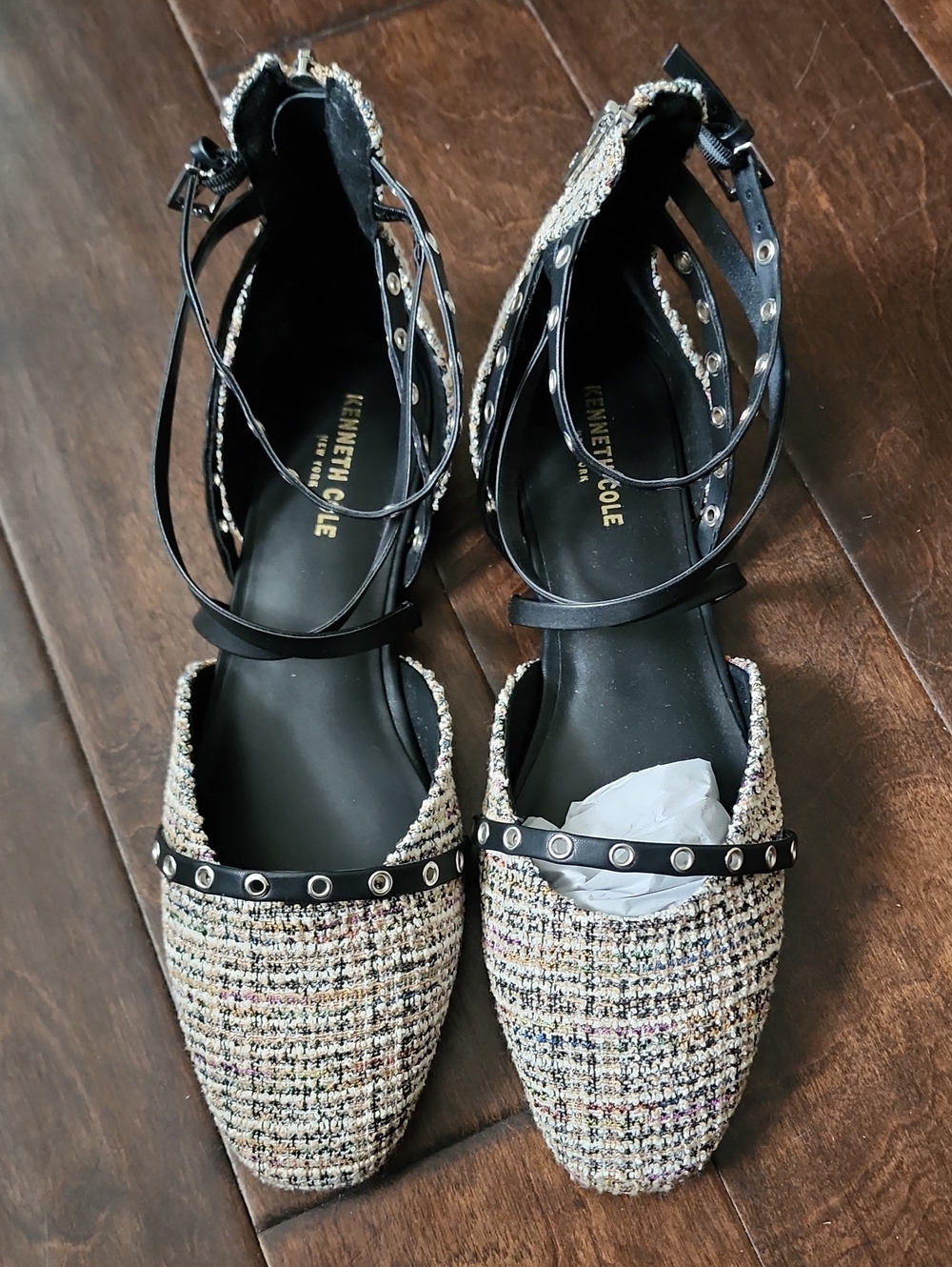 New Kenneth Cole Black and Multi Tweed Pointed Ankle-Strap Flats, Sz. 10